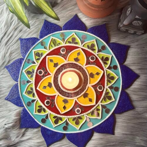 Handmade Mandala Lippan Mirror Art on Floral Board (12-Inch) | Steezy Glossy