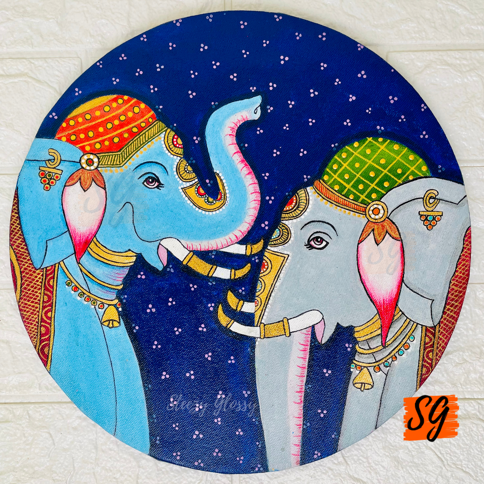 Stunning Handcrafted 12" Traditional Royal Elephants Pichwai Canvas Board | Steezy Glossy