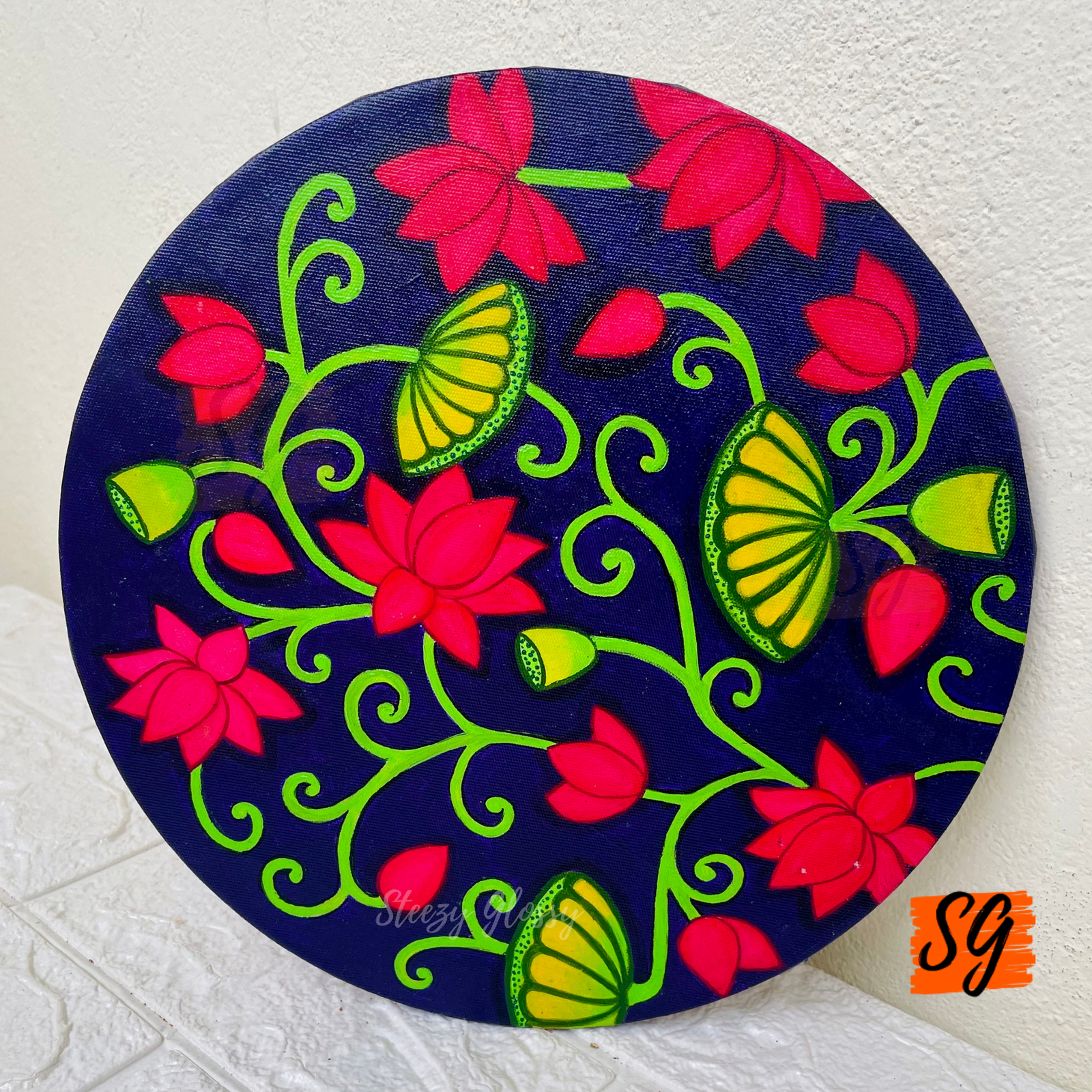 Stunning Handcrafted 10" Vibrant Pink & Blue Lotus Pond Pichwai Canvas Board | Steezy Glossy