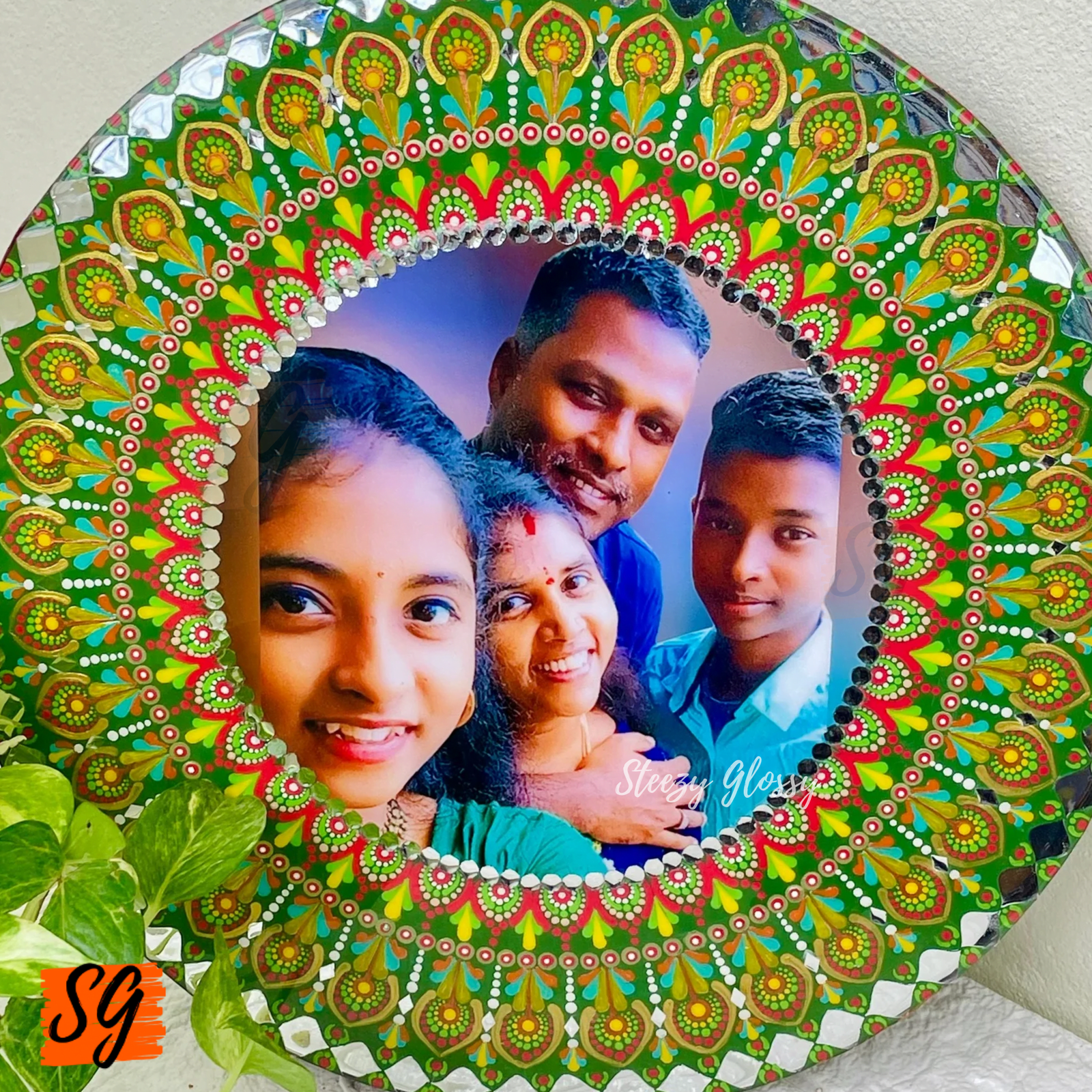 Radiant Handcrafted Custom Family Photo Dot Mandala Frame (14") | Steezy Glossy