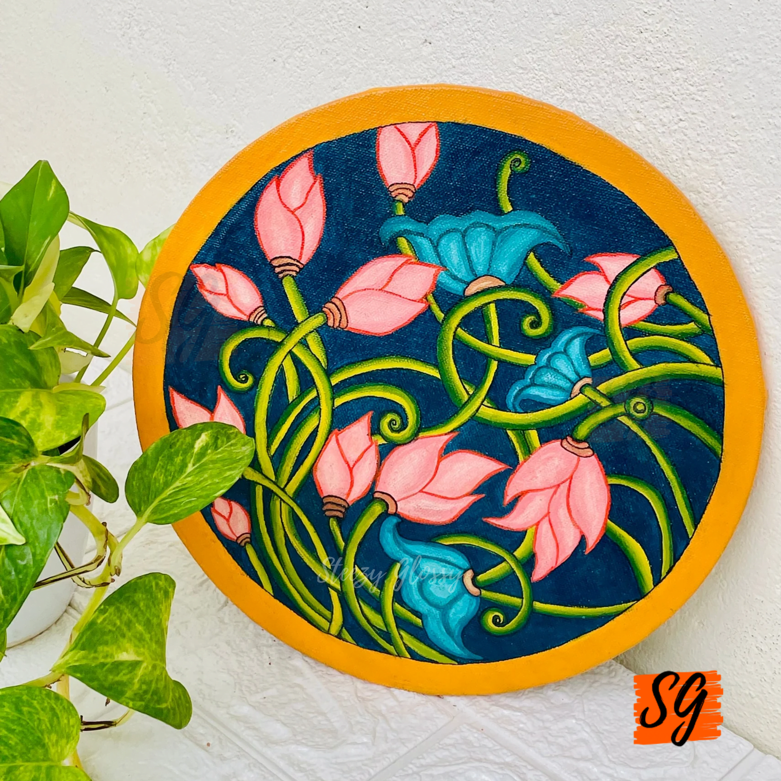 Soft Pink and Orange Lotus Pond Pichwai Canvas Board