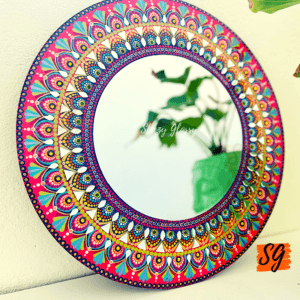 Pink & Blue Beautiful Face Mirror Dot Mandala Painting (14-Inch) | Steezy Glossy