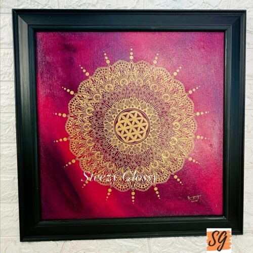 Hand-Painted Gold Mandala on Magenta & Purple - 20" Framed Canvas| Steezy Glossy