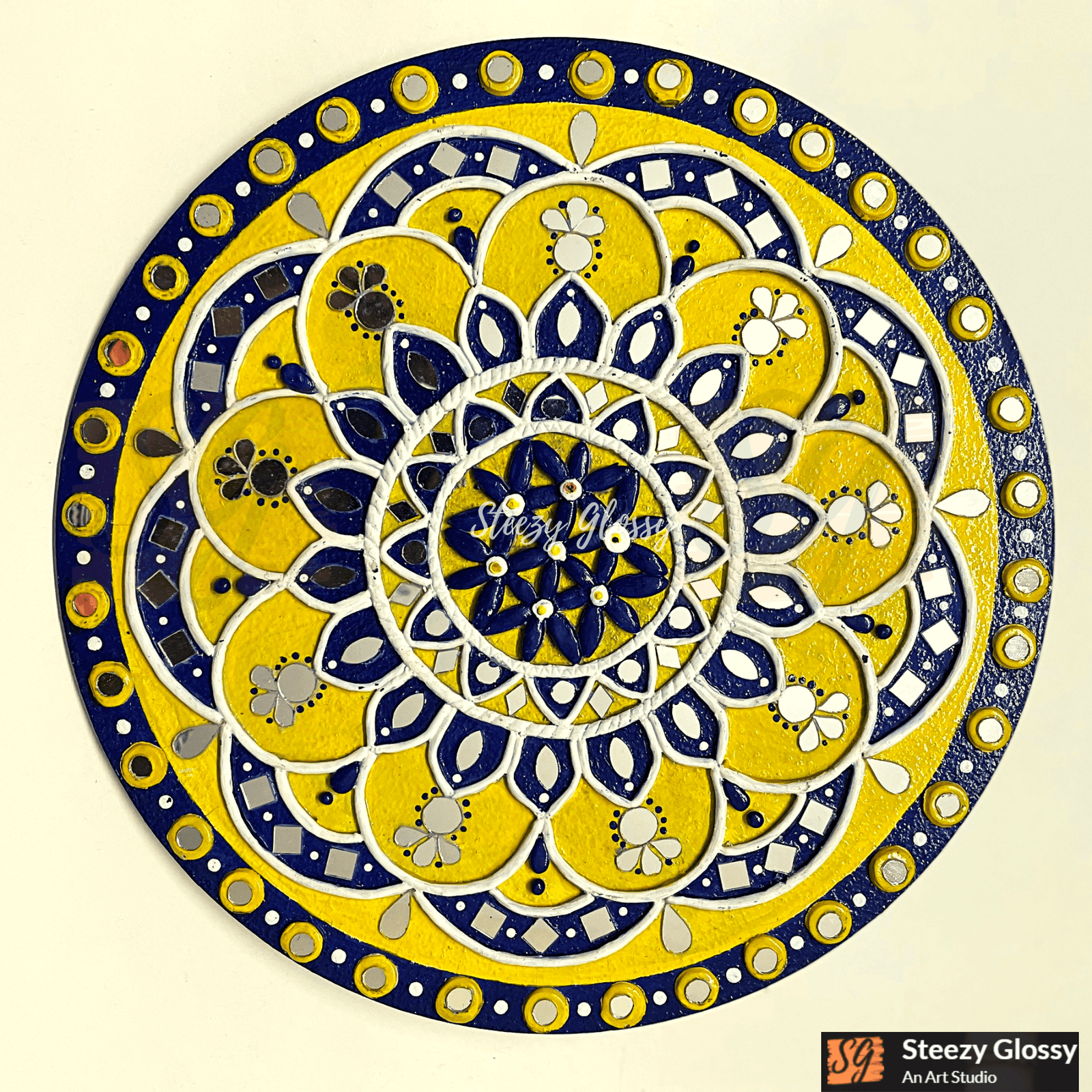 Handmade Blue & Yellow Lippan Mirror Art (10") | Steezy Glossy