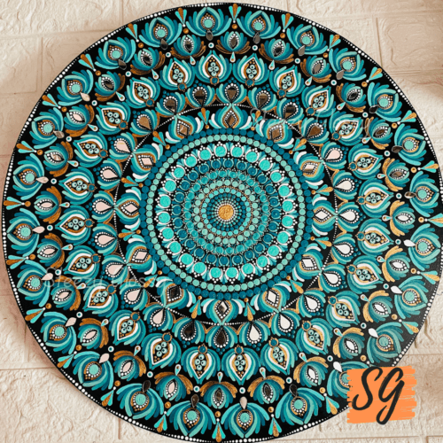 Radiant Turquoise Blue Dot Mandala Painting Wall Art | Handcrafted Mirror Decor | Steezy Glossy