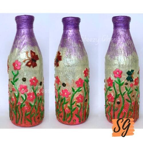 Enchanting Handcrafted Purple and Gold Butterfly Garden Bottle Art | Mixed Media Decor | Steezy Glossy