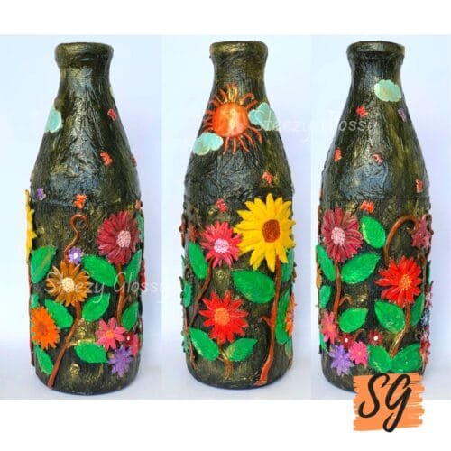Radiant Handcrafted Sunflower and Celestial Sun Bottle Art | Mixed Media Decor | Steezy Glossy